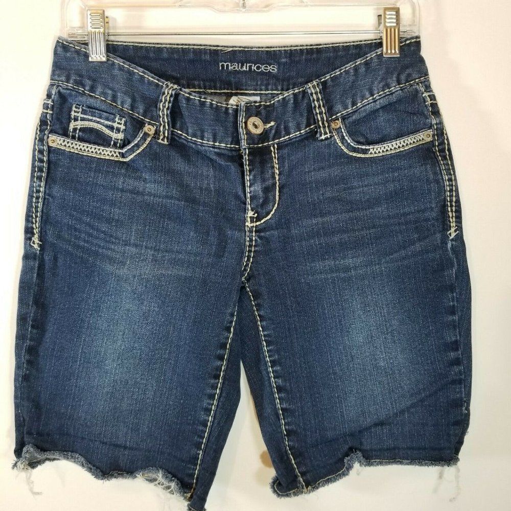 Maurices Womens 1/2 Blue Denim Cut Off Bermuda Thick Stitching Shorts 29 Waist